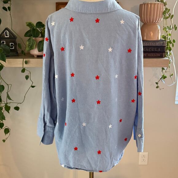 Casey Coleman Blue Chambray Button Down Shirt 1X Embroidered Stars Patriotic - Picture 2 of 8